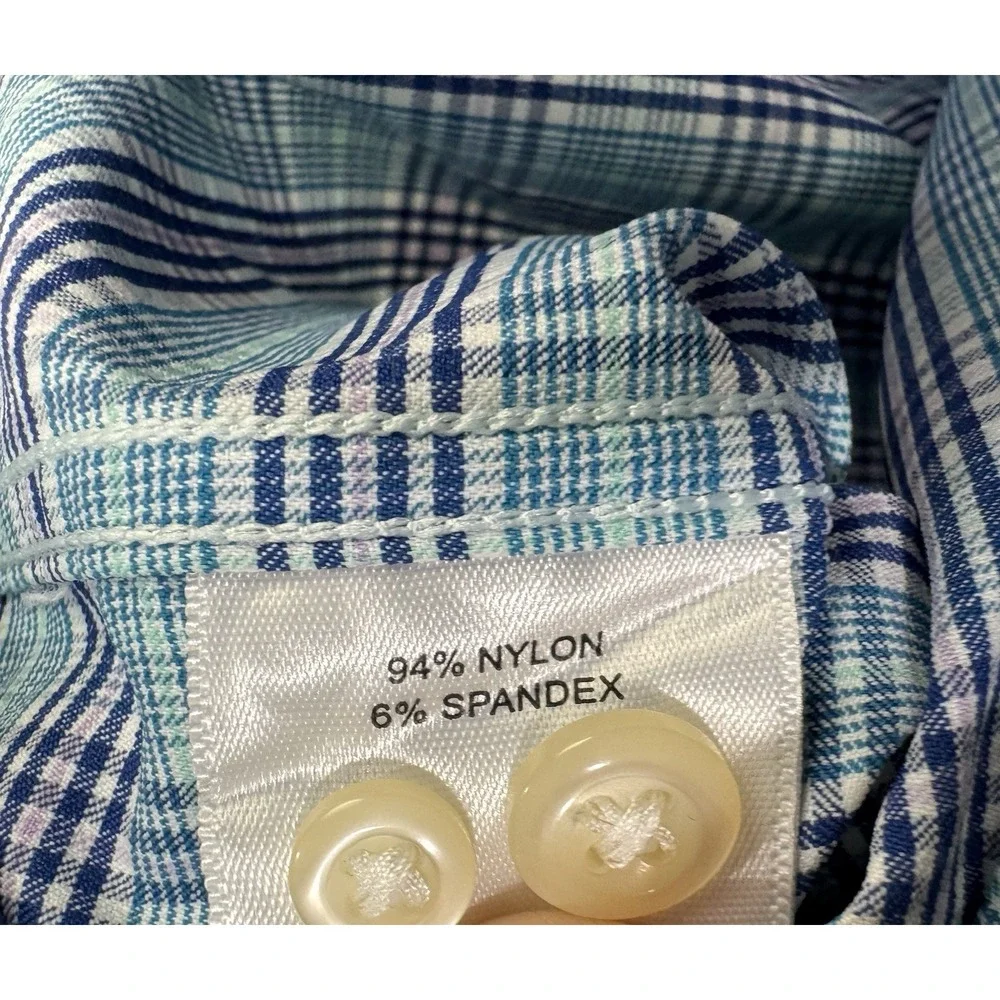 Peter Millar Nylon Performance Shirt Men XL Pink Green Plaid Button Front Preppy